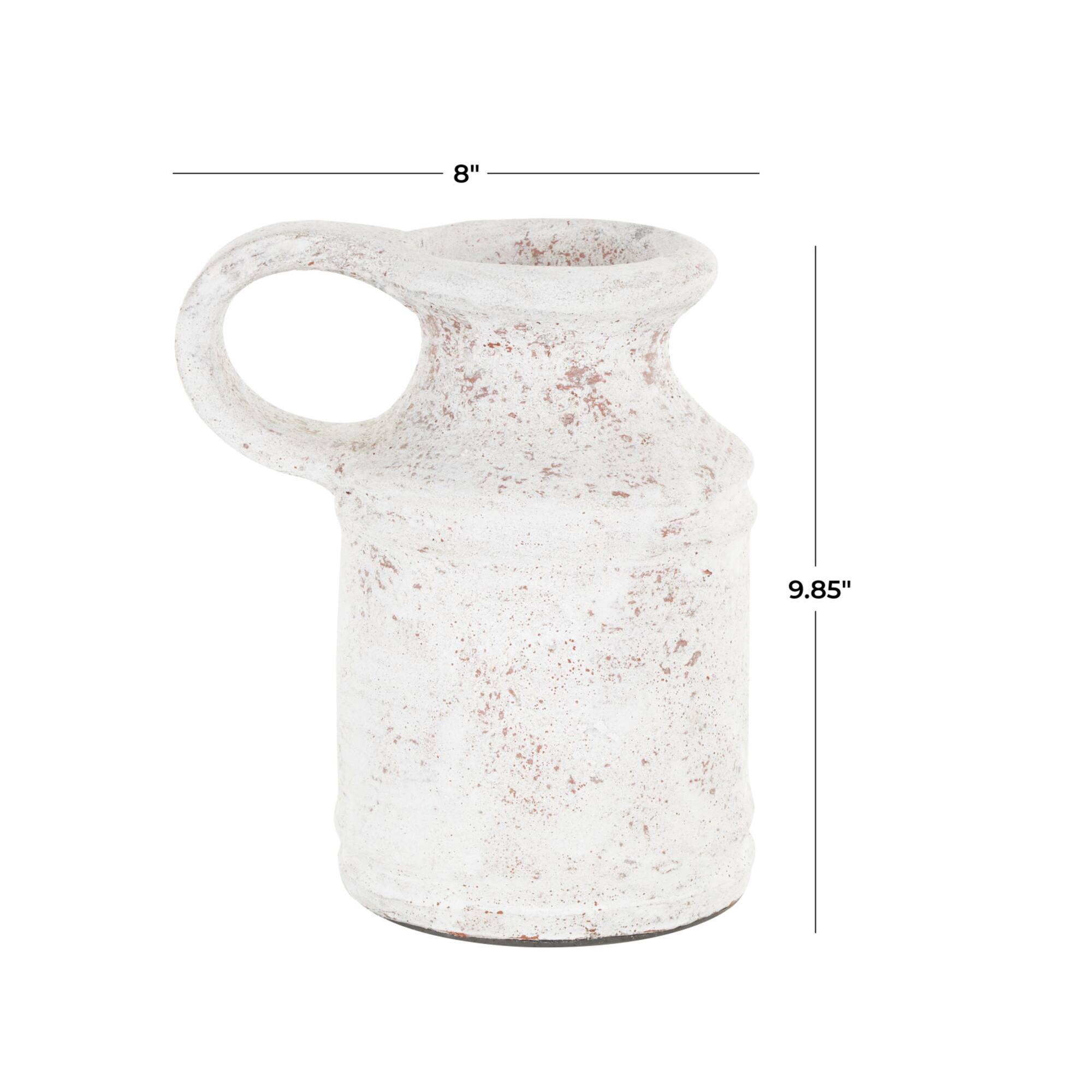 10" White Ceramic Antique Style Textured Vase with Terracotta Accents and Ring Handle
